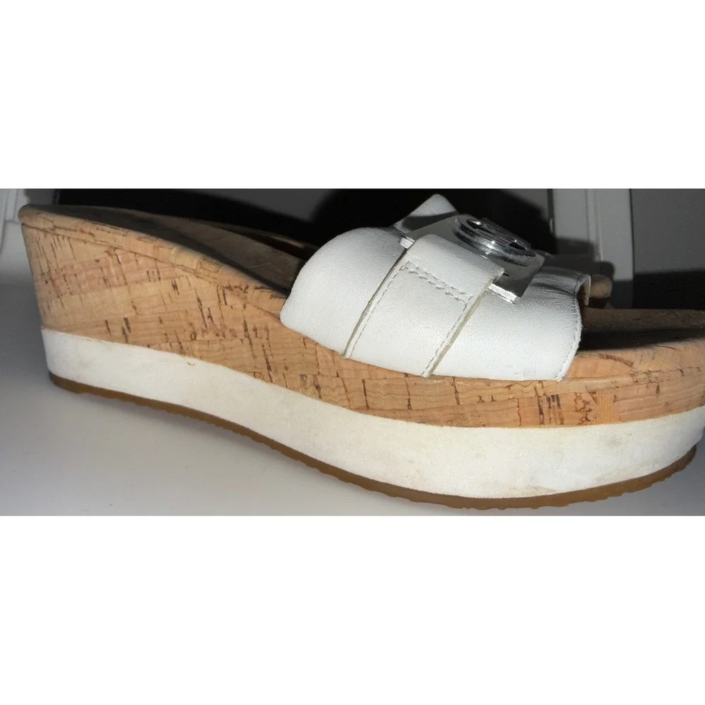 Michael Kors White Leather Cork Wedge Platform Sandals MK Logo Slides size 6